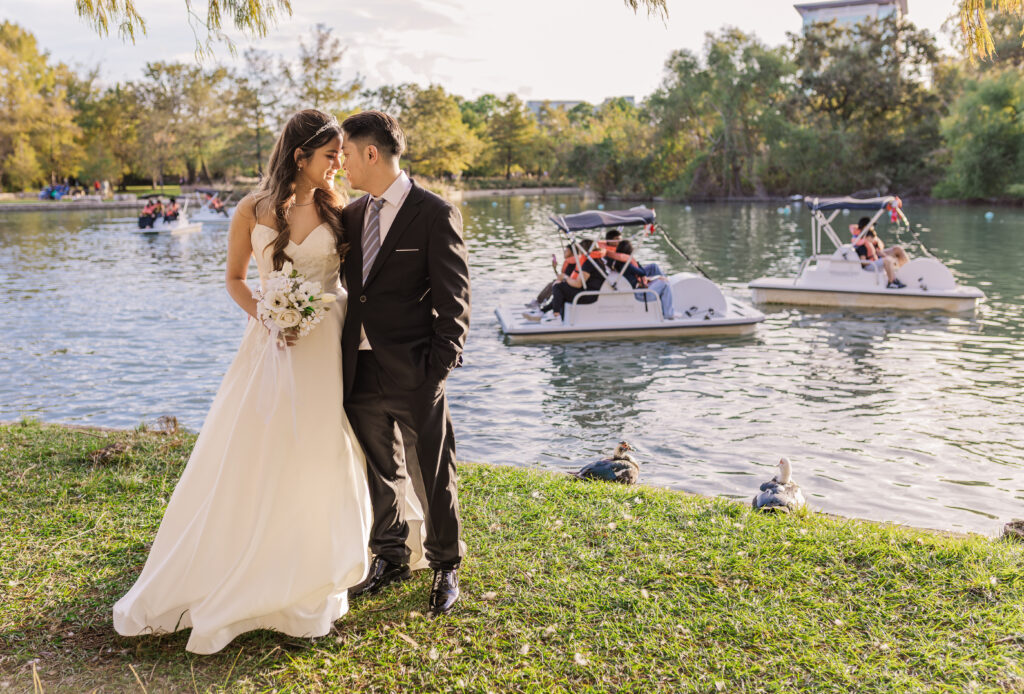 A wedding couple sneaking in an extra photo session during golden hour.